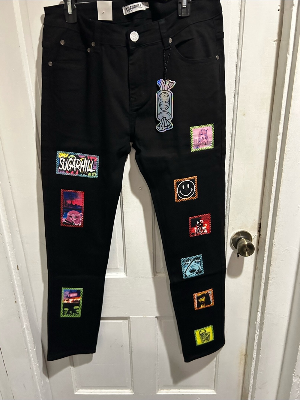 Sugarhill Black Slim Straight Jeans with Colorful Patchwork